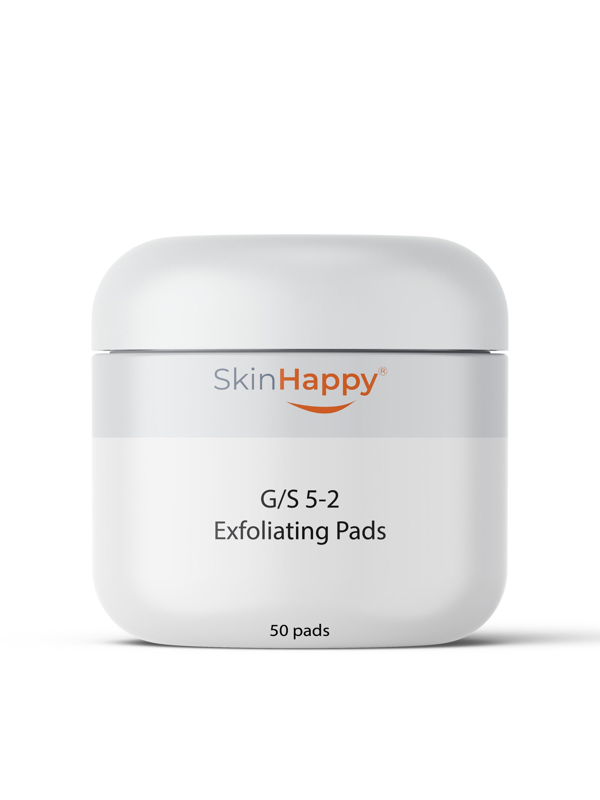 A container labeled 'SkinHappy G/S 5-2 Exfoliating Pads' with 50 pads inside.