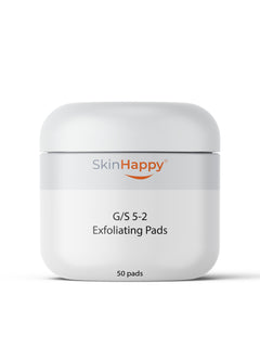 A container labeled 'SkinHappy G/S 5-2 Exfoliating Pads' with 50 pads inside.