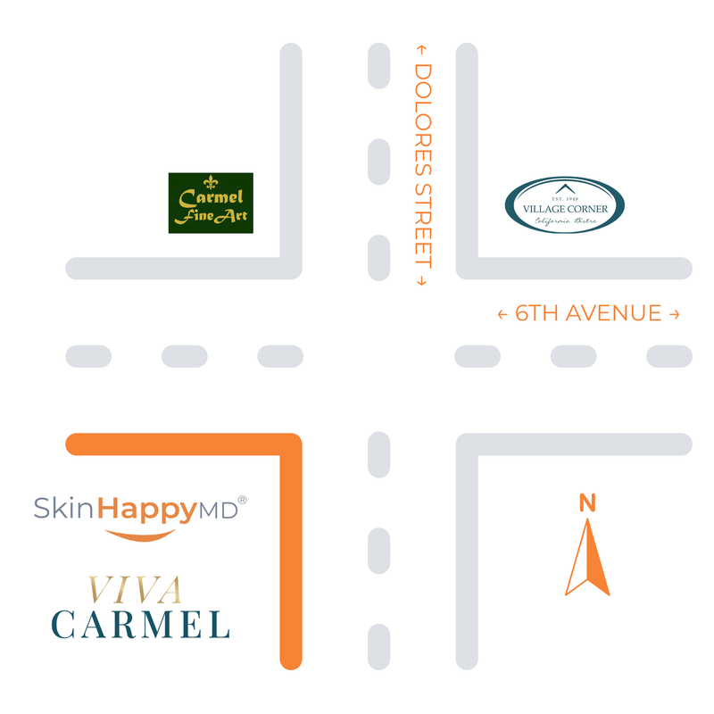 A map showing where SkinHappy is located, on the corner of 6th Avenue and Dolores Street in Carmel-by-the-Sea