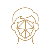 A minimalist brown line icon depicting a human head with a geometric facial recognition pattern overlaid on the face, centered on a solid white background.
