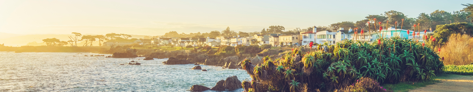 Coastal scene with houses and ocean at sunset