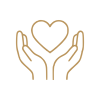 A minimalist line-art icon depicting two hands holding a heart, rendered in a warm tan/gold color on a solid white background.