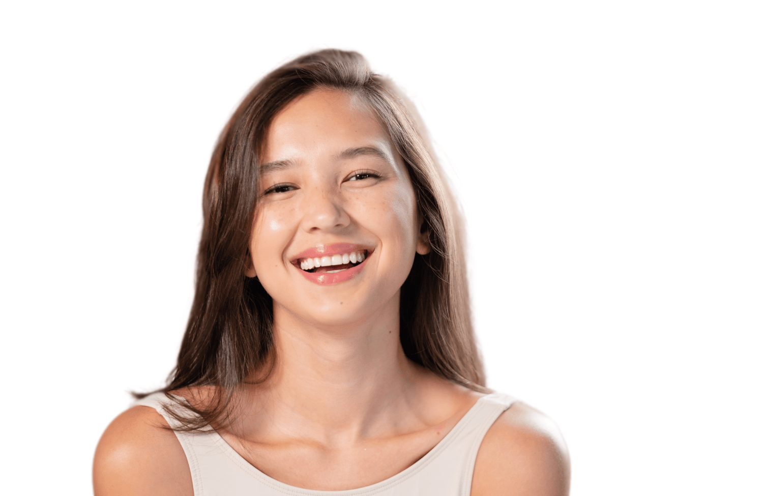 Woman with a bright smile on a white background