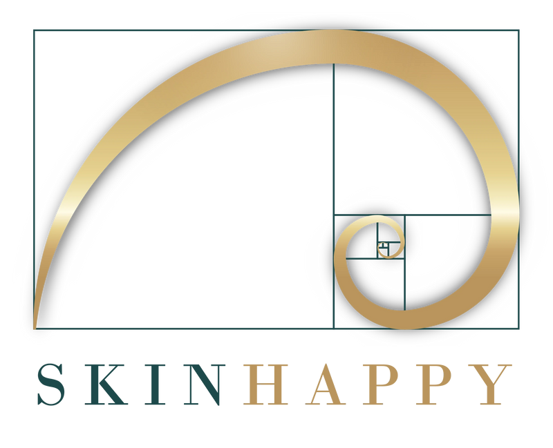Logo with a stylized representation of the golden ratio and SkinHappy text.