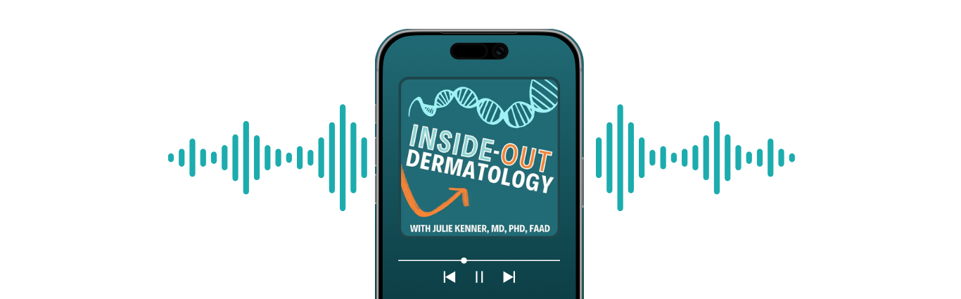 Phone displaying 'Inside-Out Dermatology' podcast with sound wave graphics