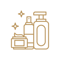 A minimalist line-art icon depicting cosmetic or skincare bottles and jars with sparkles on a solid white background.