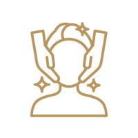 A minimalist gold line icon depicting hands washing or cleansing a face, with sparkling details, set against a solid black background.
