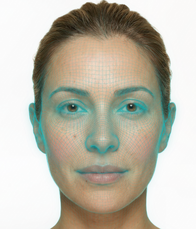 A close-up portrait of a woman's face with cyan wireframe grid overlays on her forehead, cheeks, and jawline, shown against a plain white background.