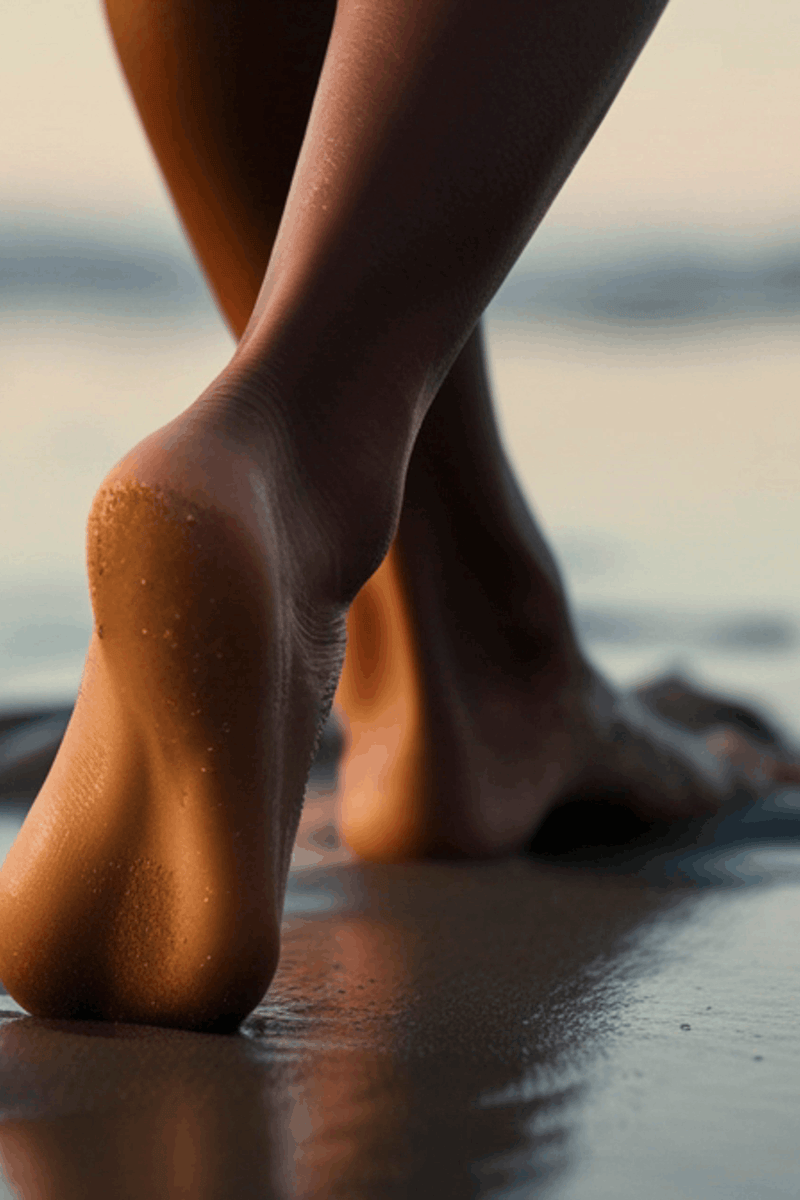 Bare feet walking on a beach by the water.